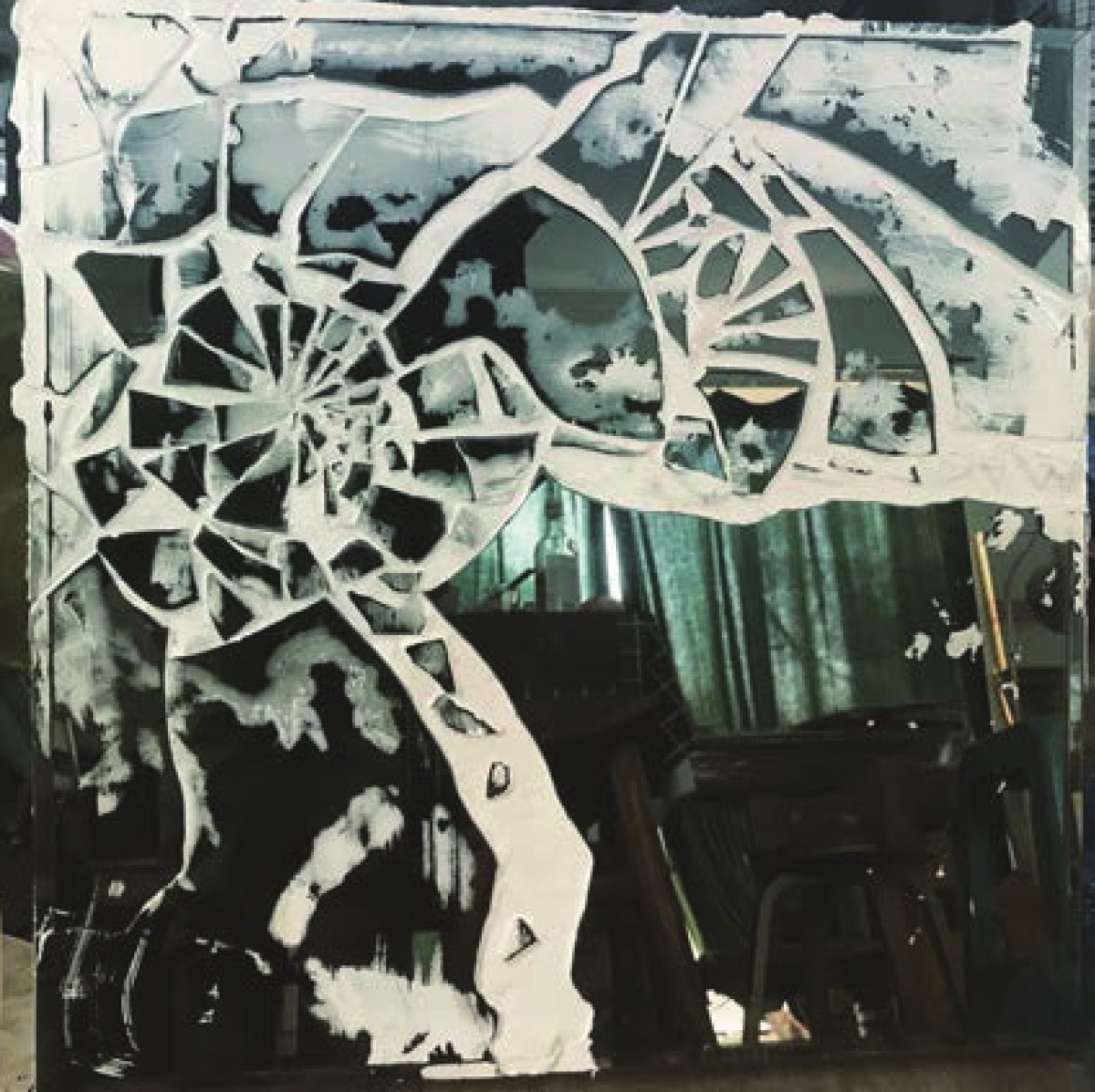 Scar — shattered glass mirror with white painted forms